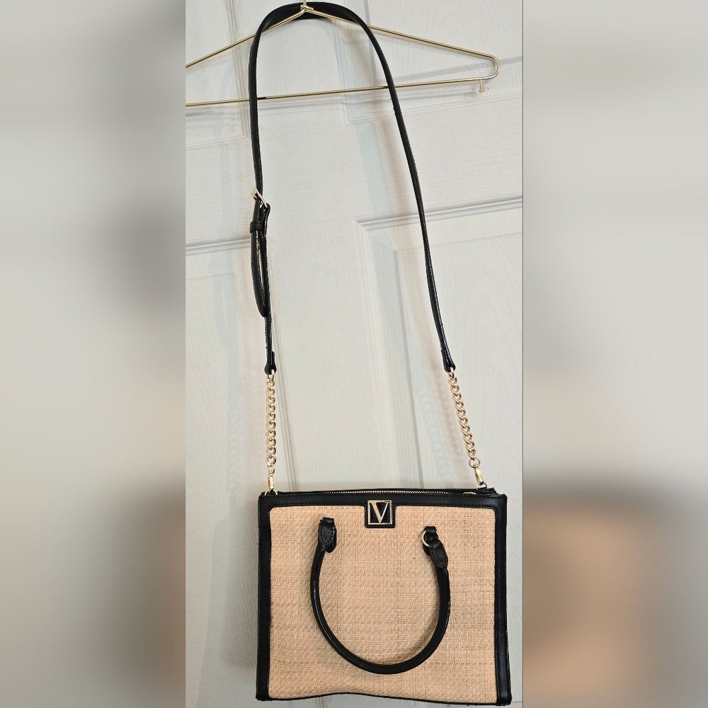 Victoria's Secret Structured Satchel Straw Tote Black Tan Women Crossbody NWOT - Picture 2 of 16